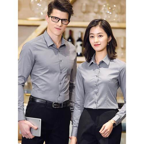 采购产品男女浅灰色长袖衬衫，商务服装，夏季正装，4S店工作服，
