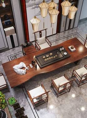 新中式大板茶桌椅组合体茶台HAJ现一代约简实木茶桌全泡套功夫茶
