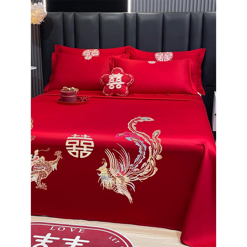 店大红色婚庆单单件结婚LDK床用喜庆龙枕套三件凤套喜字刺绣酒新