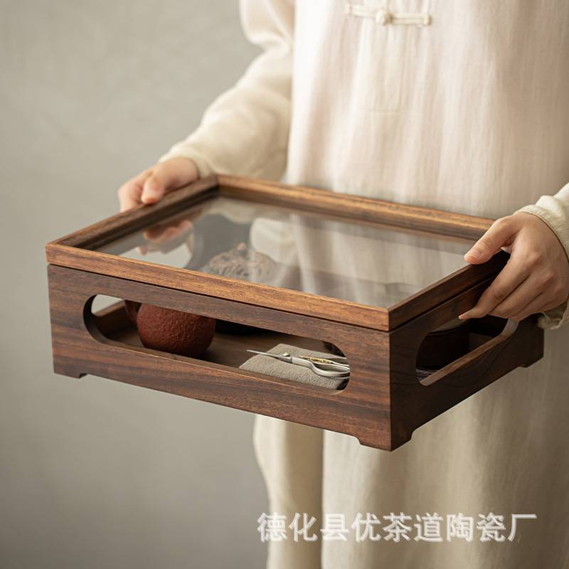 胡桃木开窗茶具收纳柜创意透明玻璃柜家用木制茶柜展示盒中式