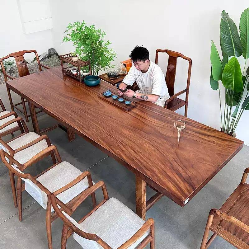 源头工厂胡桃木大板餐桌长方形洽谈桌实木桌子书桌雨木茶桌整板几