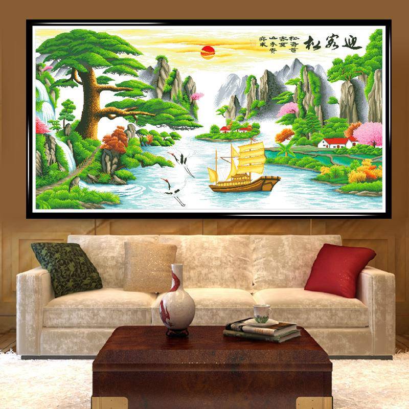 8077迎客松钻款石画满钻客5d魔方钻石画钻石画新厅流水生财