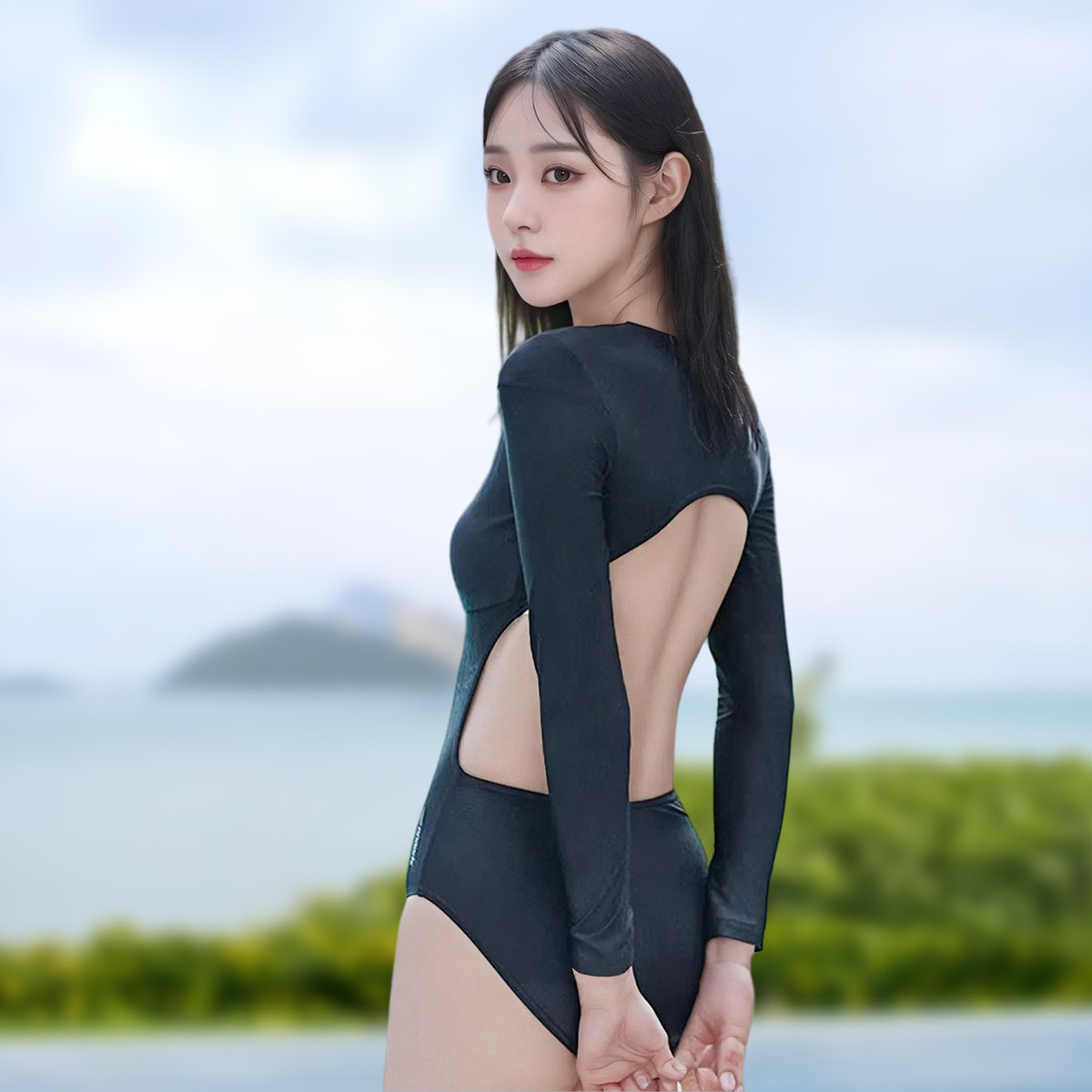 Speedo速比涛防晒长袖连体三角泳衣女专业抗氯速干印花冲浪衣露背