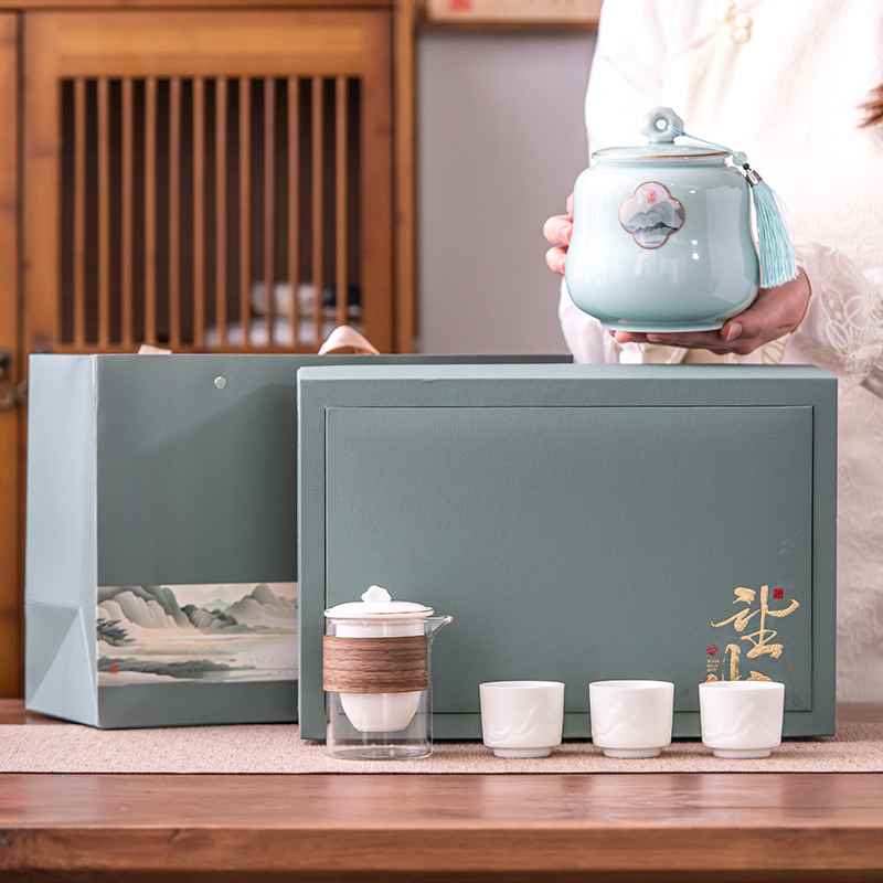 【折扣】龙井绿茶陶瓷茶叶罐礼盒包装旅行茶具密封茶罐套装家用空