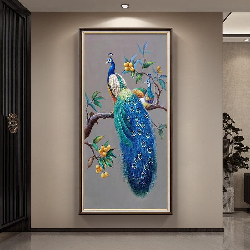 新中式玄关装饰画客厅走廊过道挂画孔雀壁画现代简约入户门正对墙