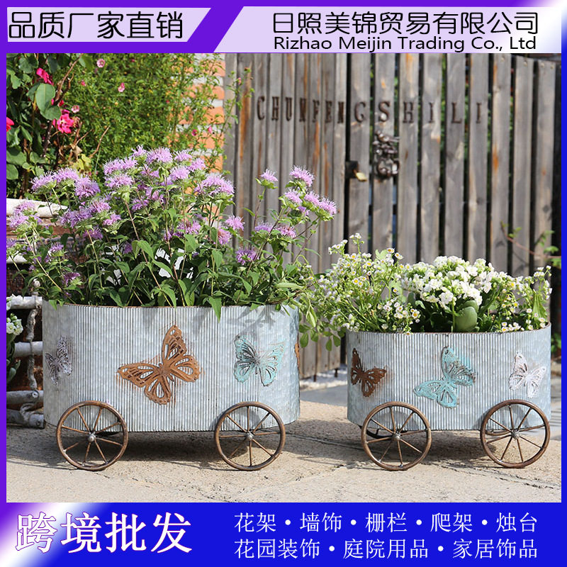 跨境花车铁艺花盆花器复古别墅庭院插花多肉盆小车轮子摆件装饰品