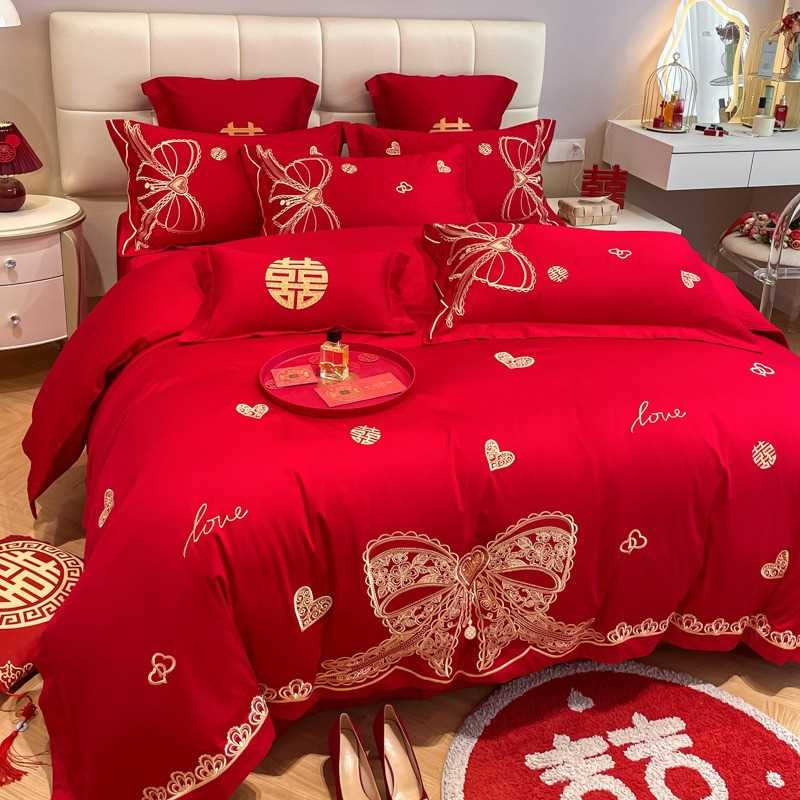 婚庆四件套全棉大红色结婚婚嫁床单被套纯棉高端陪嫁婚房床上用品