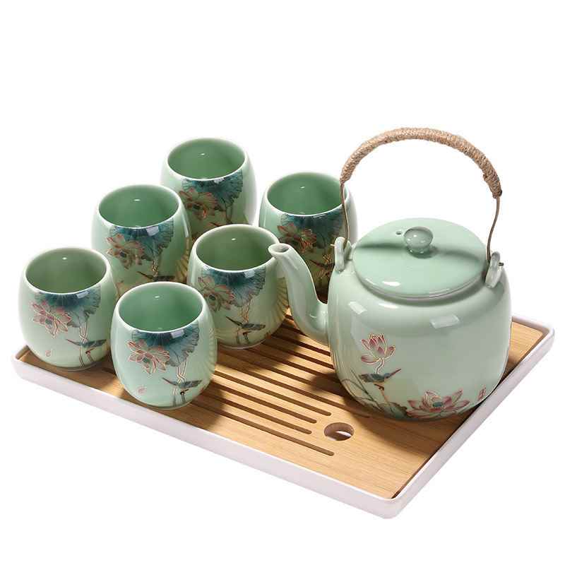 【折扣】青瓷茶具套装提梁壶家用中式整套陶瓷大号茶壶简约现代喝