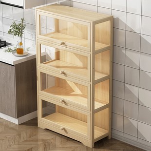 速发厨房物置架落地实木收纳架非玻璃门柜子家用防柜碗尘分层柜收