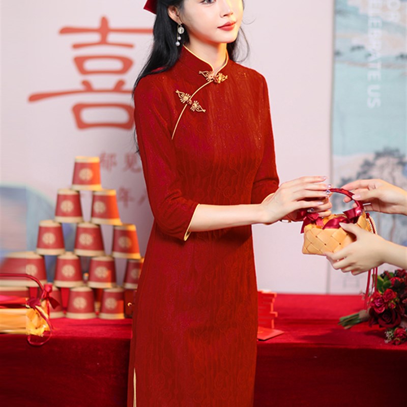 速发新色敬服酒新娘高级感改良旗袍连衣裙结婚礼服裙子红中式装