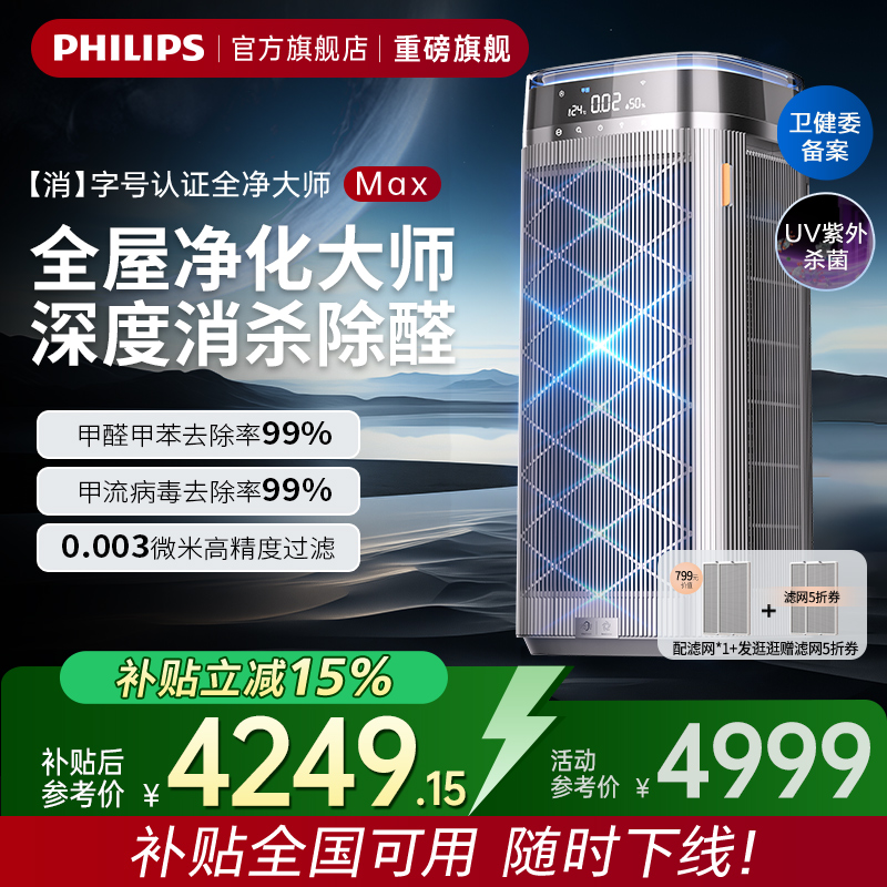 补贴15%飞利浦空气净化器除甲醛家用净化机除猫毛病毒AC9008