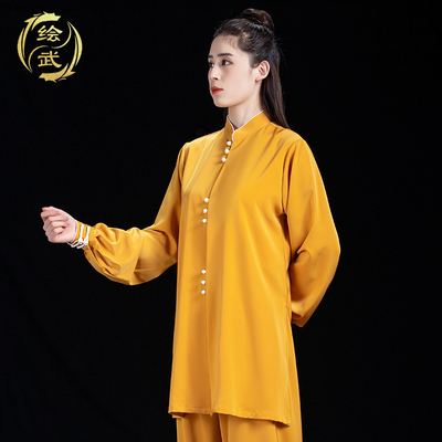 速发太极服春秋醋酸缎黄色太极拳练功服健身气功八段锦晨练表演服