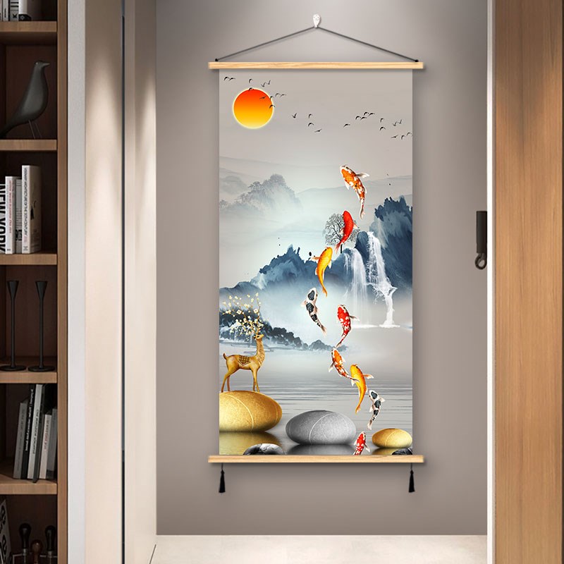 速发新中式九鱼轻奢风景实木挂画入户玄关布艺装饰画客厅免打孔墙图片