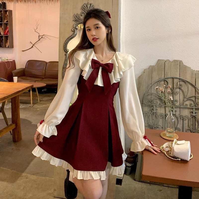 法式甜美蝴蝶结长袖连衣裙女秋季设计感气质蓬蓬裙收腰小个子短裙