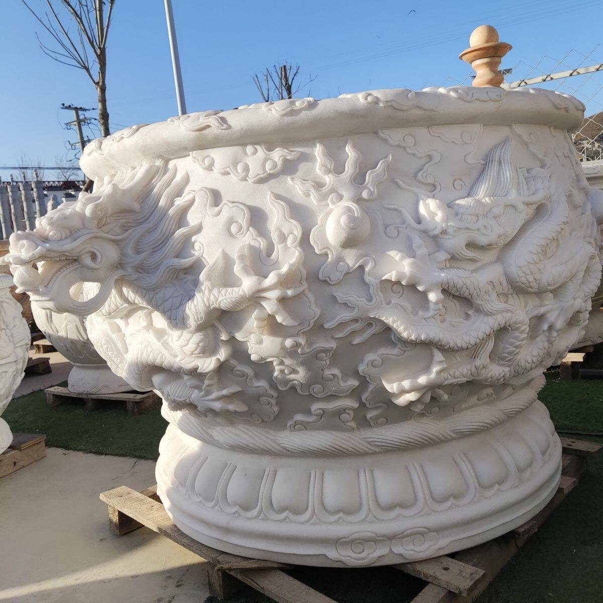 石雕龙缸汉白玉花盆石头九龙壁鱼缸庭院户外聚宝盆荷花圆缸水池