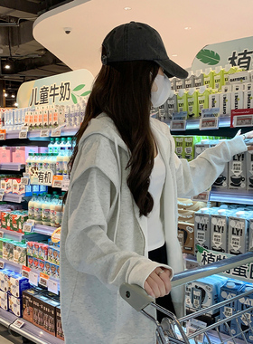 速发灰色卫宽外韩套系慵懒风厚春2025新款衣松开衫初秋薄款连帽