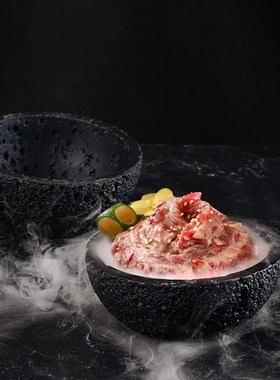 速发星球碗烤意店分子料理创肉仿火位石球山上圆形盅黑色餐具