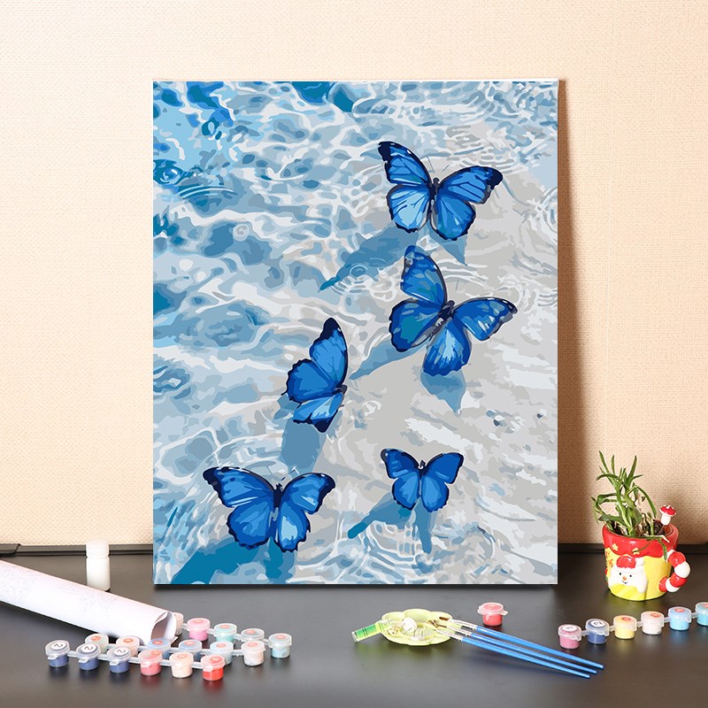 速发数字油填色充手工填色系蓝色蝴蝶海滩装饰涂画丙烯油彩画