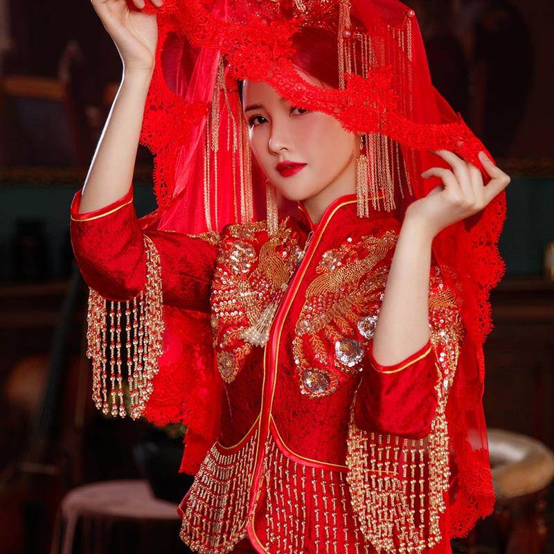 速发红盖头新娘红色头纱中式秀禾古风半透明蕾丝结婚红纱出嫁高级