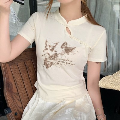 速发新中式盘扣国风上衣2024年古款爆款设计感小众复新正肩t恤