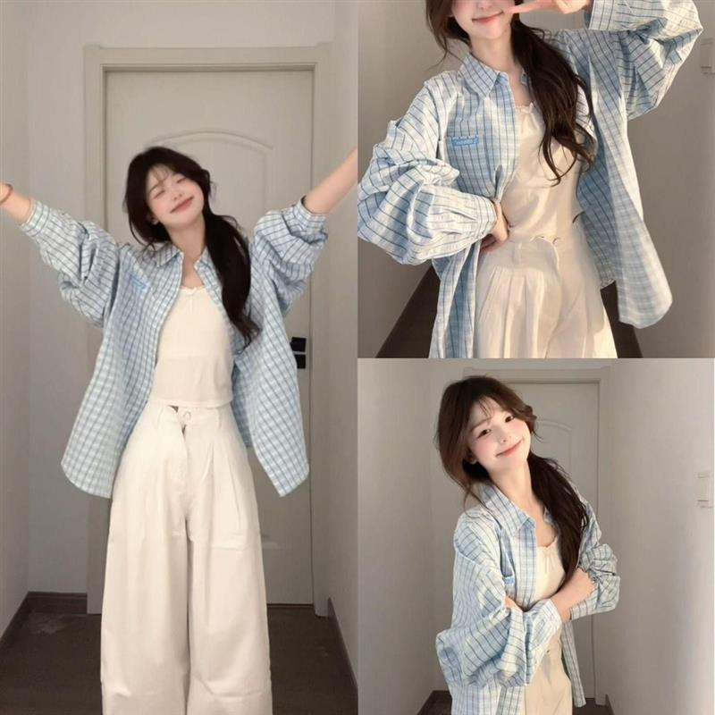 韩系小清新蓝色格子衬衫外套女春秋季小个子慵懒感宽松开衫衬衣潮