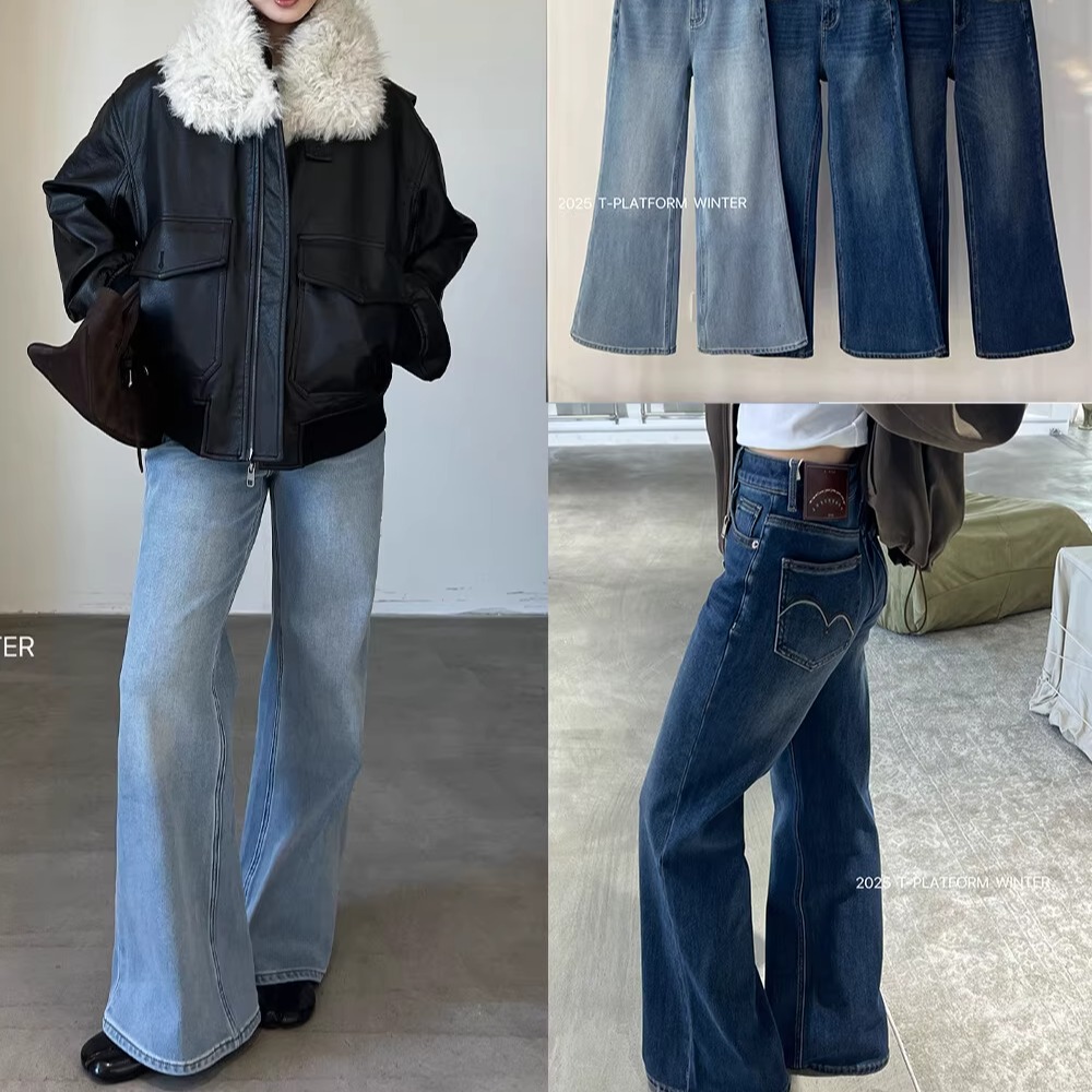 冬季厚绒高腰保暖喇叭牛仔裤