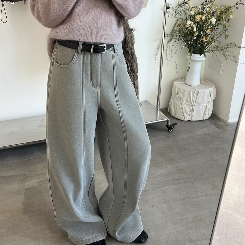 冬季加绒韩系复古阔腿牛仔裤