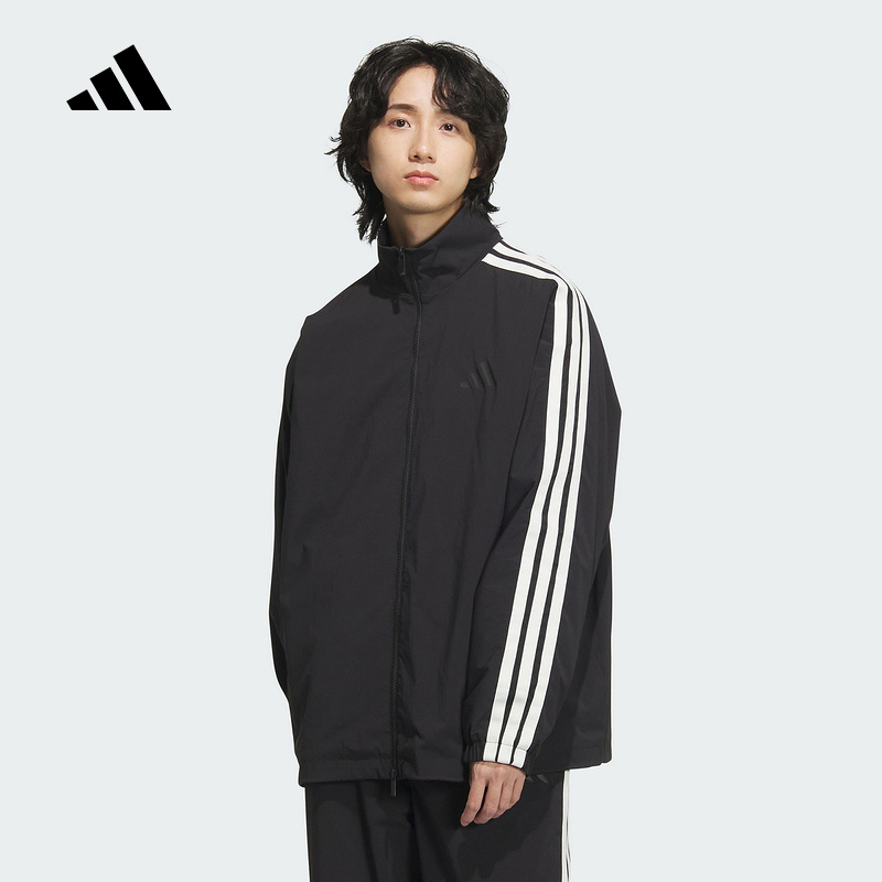 adidas阿迪达斯拒水外套2025秋男不对称三条纹宽松梭织夹克JL6091