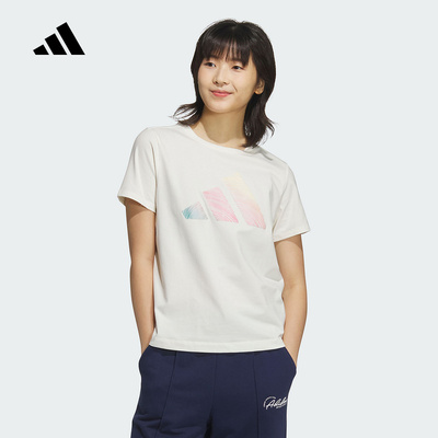 adidas阿迪达斯渐变色徽标半截袖2025夏女白色圆领短袖T恤 JL6284