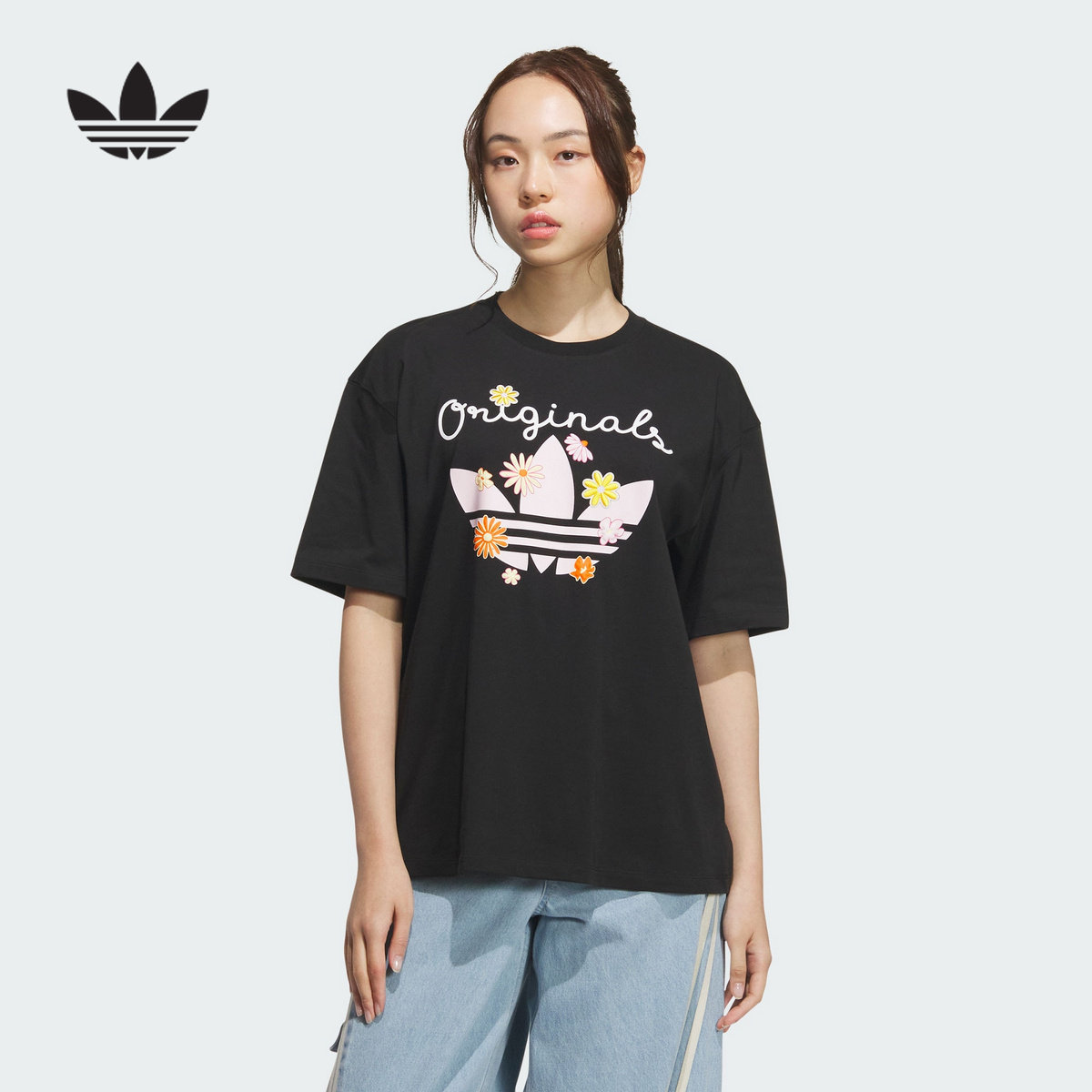 adidas阿迪达斯三叶草小雏菊花卉半袖2025夏女大号短袖T恤 KB8959