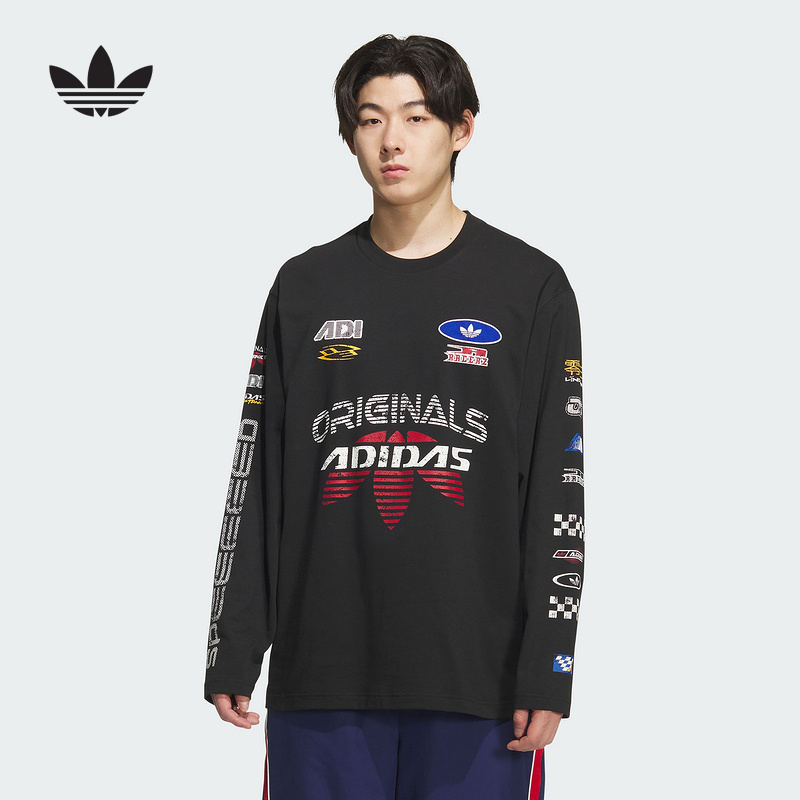 adidas阿迪达斯三叶草赛车风棉质上衣2025秋男Moto长袖T恤 KH1199