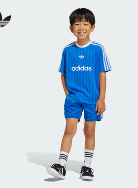 adidas阿迪达斯男女小童两件套装2025夏蓝色速干短袖短裤 JC9167