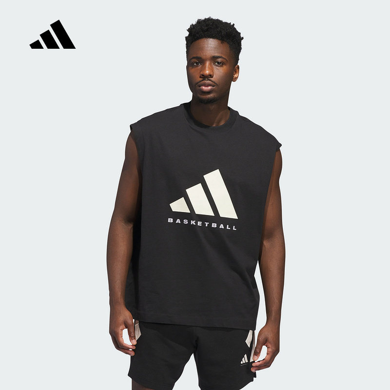adidas阿迪达斯黑色宽松透气篮球无袖T恤2025秋男女款背心 JX5586