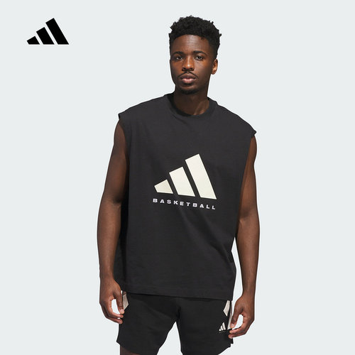adidas阿迪达斯黑色宽松透气篮球无袖T恤2025秋男女款背心 JX5586