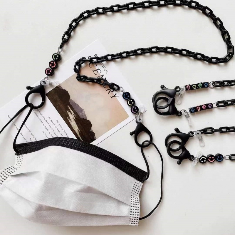 眼睛链串珠墨粗链防掉链笑脸黑色眼镜链口罩链韩国跨境儿童