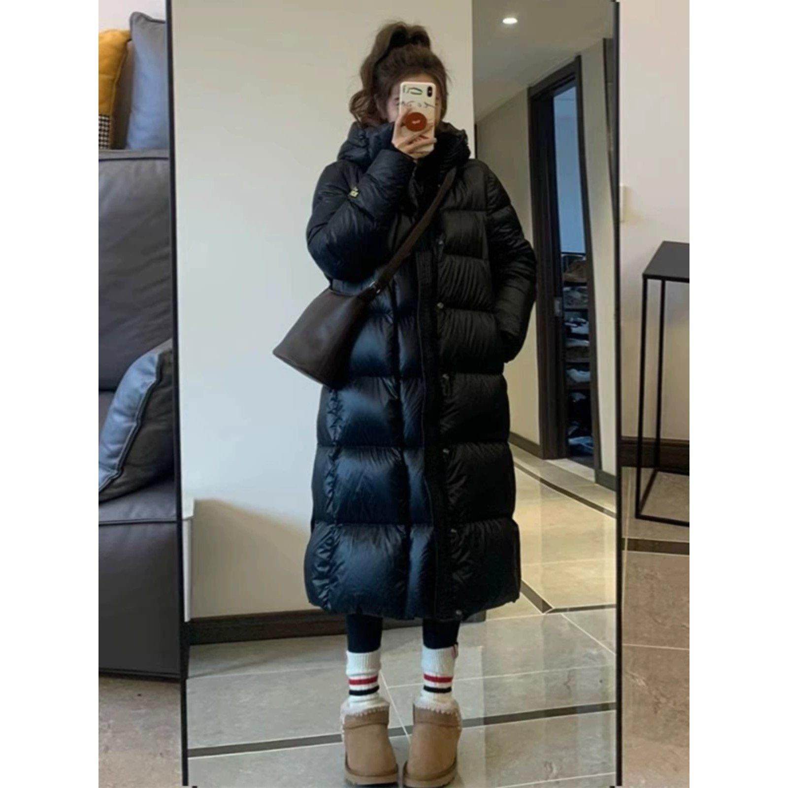 2024年羽绒棉服男女冬季新款中长款过膝宽松加厚轻薄情侣黑金外套