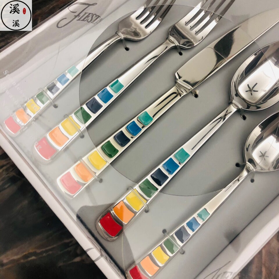 欧美缤纷珐琅瓷西餐具豪华套装家用儿童餐具不锈钢牛排刀叉勺精美