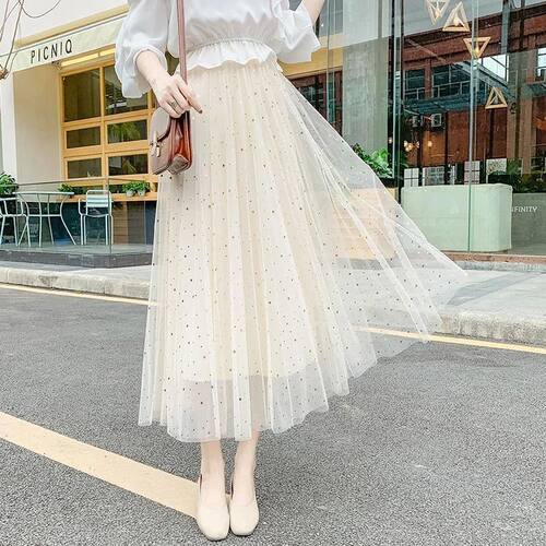 High waisted mid length sequin mesh skirt 高腰亮片网纱半身裙