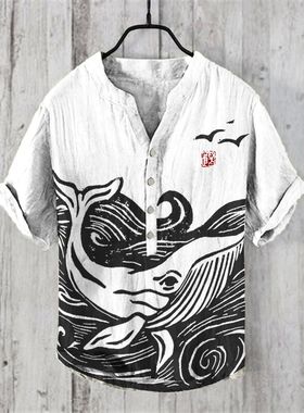 3D printed V-neck button loose T-shirt3D印花V领扣子宽松T恤男