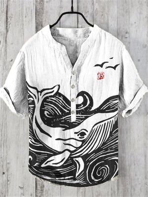 3D printed V-neck button loose T-shirt3D印花V领扣子宽松T恤男