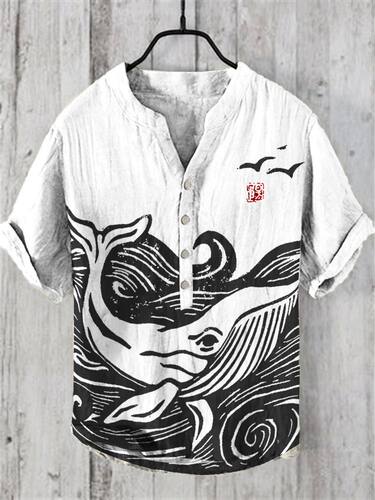 3D printed V-neck button loose T-shirt3D印花V领扣子宽松T恤男