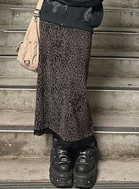 Printed lace patchwork lace skirt 豹纹印花蕾丝拼接花边半身裙