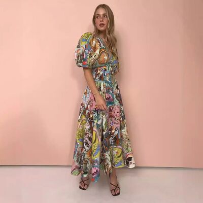 Casual printed short sleeved V-neck dress印花短袖V领连衣裙女