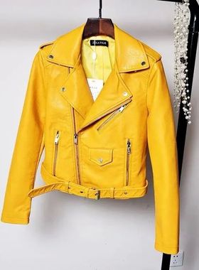 Slant zipper motorcycle leather jacket纯色休闲斜拉链机车皮衣