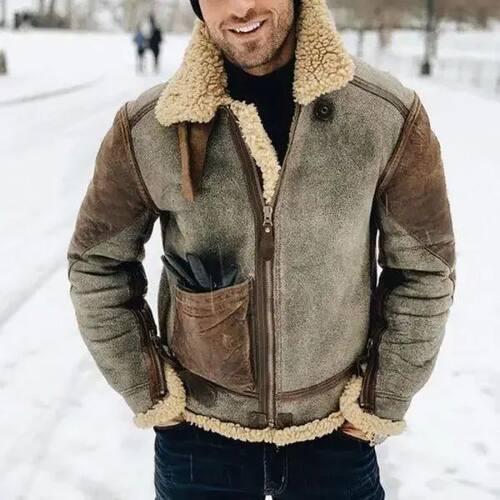 Solid color lapel casual thick fur jacket纯色翻领厚毛外套男