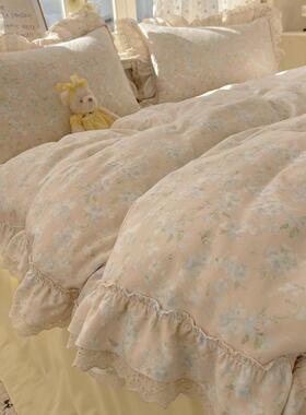 EDLa类纱母婴风级件床上四件套双层法式奶油蕾丝花边水洗棉学生三