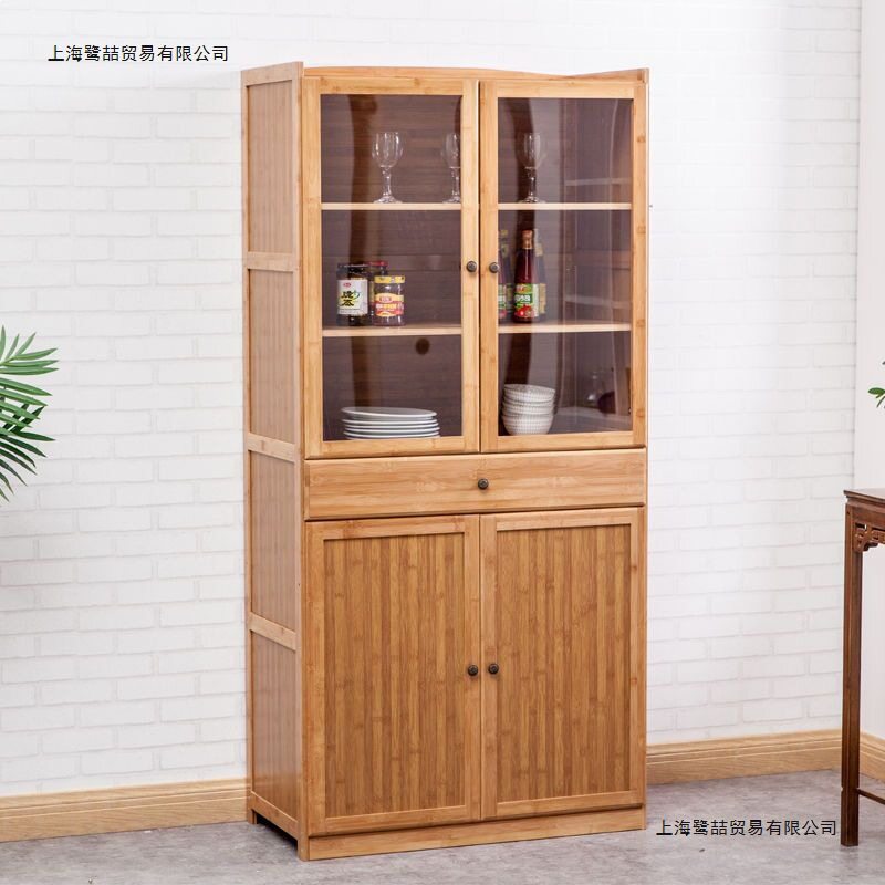 楠竹储物柜书柜多功能收纳柜置物架中式带透门厨房柜子钢砂碗才柜