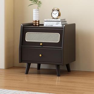 新OES款 复藤床头柜古风卧室简约现代45CM中黑胡桃木色古床编边收