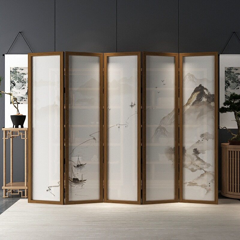 客厅屏风隔断入户玄关现代中式简约时尚酒店卧室实木山水折叠折屏