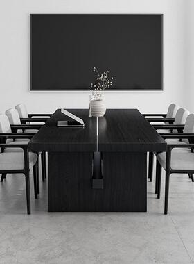 诧寂风黑色实木板桌创意设计长桌子碳化原BMS-1966接木大待会议简